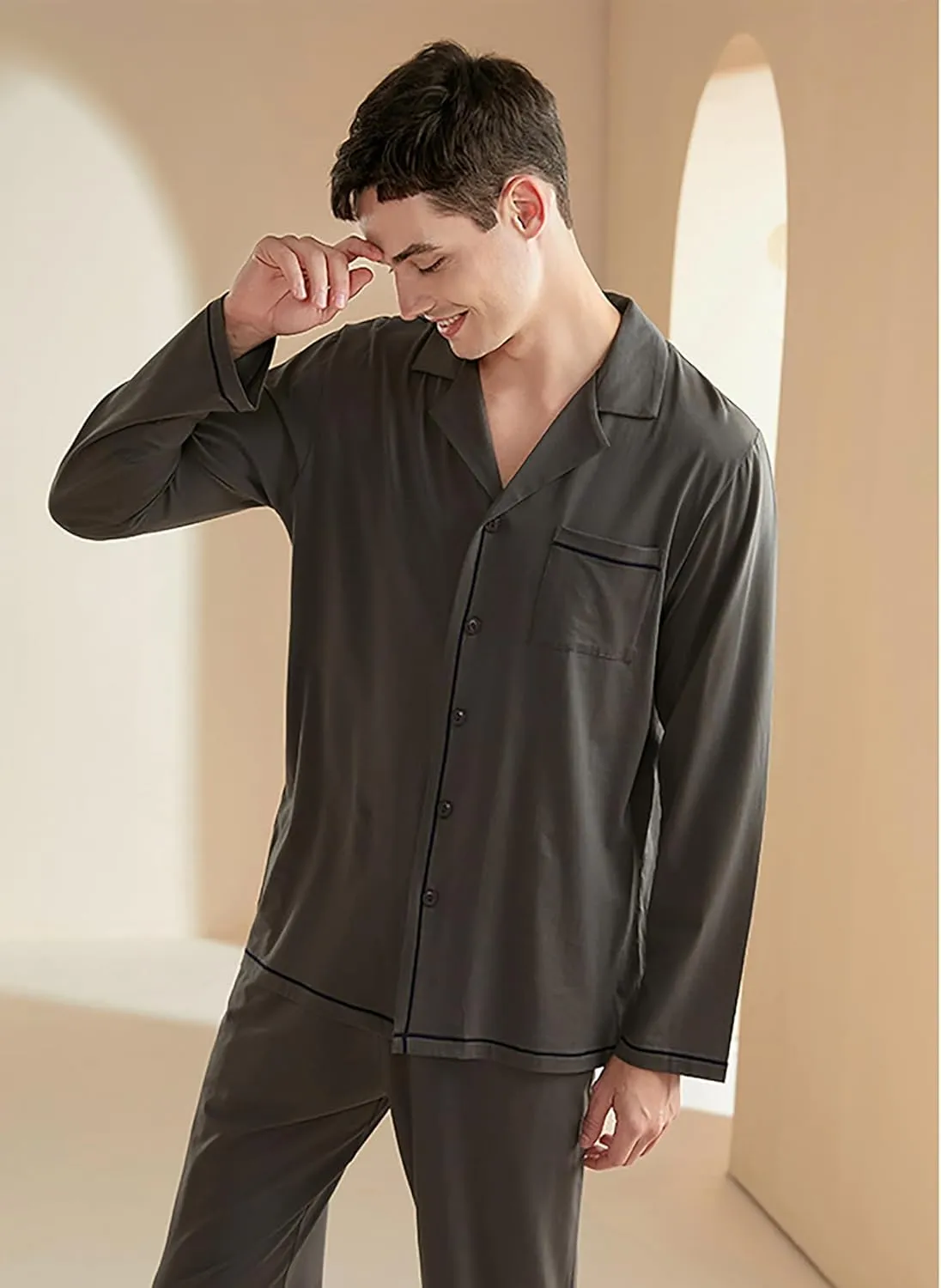 Men's Modal Sleepwear Button-Down Lounge Soft Pajamas Long Sleeves And Pants Set
