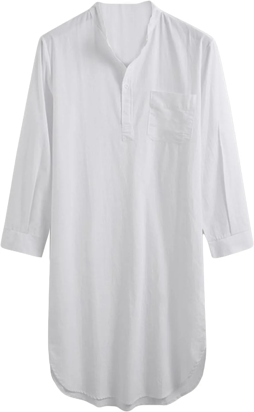 Men's Nightshirt Big&Tall V Neck Long Sleeve Pajama Shirt Mid-Length Nightgown Gown Night Sleep Shirts