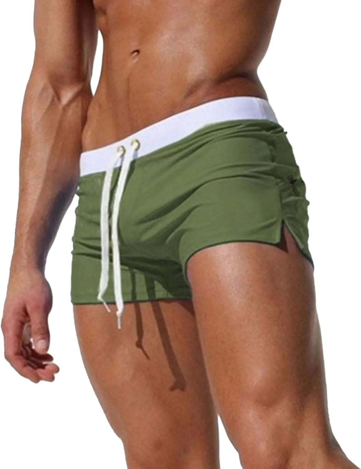 Men's Slim Square Leg Swim Briefs Side Split Quick Drying Beach Swim Trunks Athletic Swimwear Surf Bathing Suit