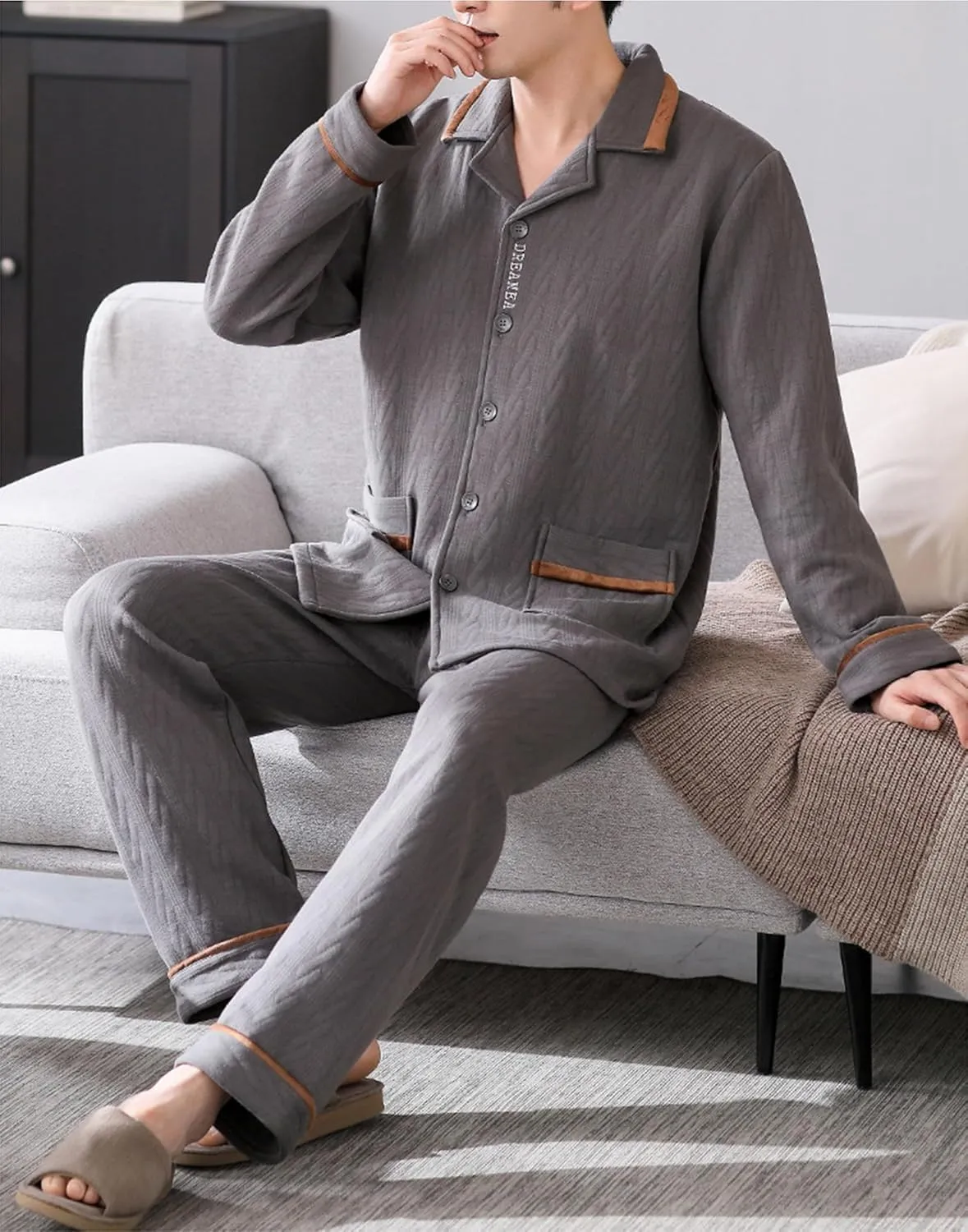 Men's Soft Fleece Pajama Lounge Set, Winter 2-Piece Thickened Padded Warm Long Sleeve Shirt and Pants Pjs Set