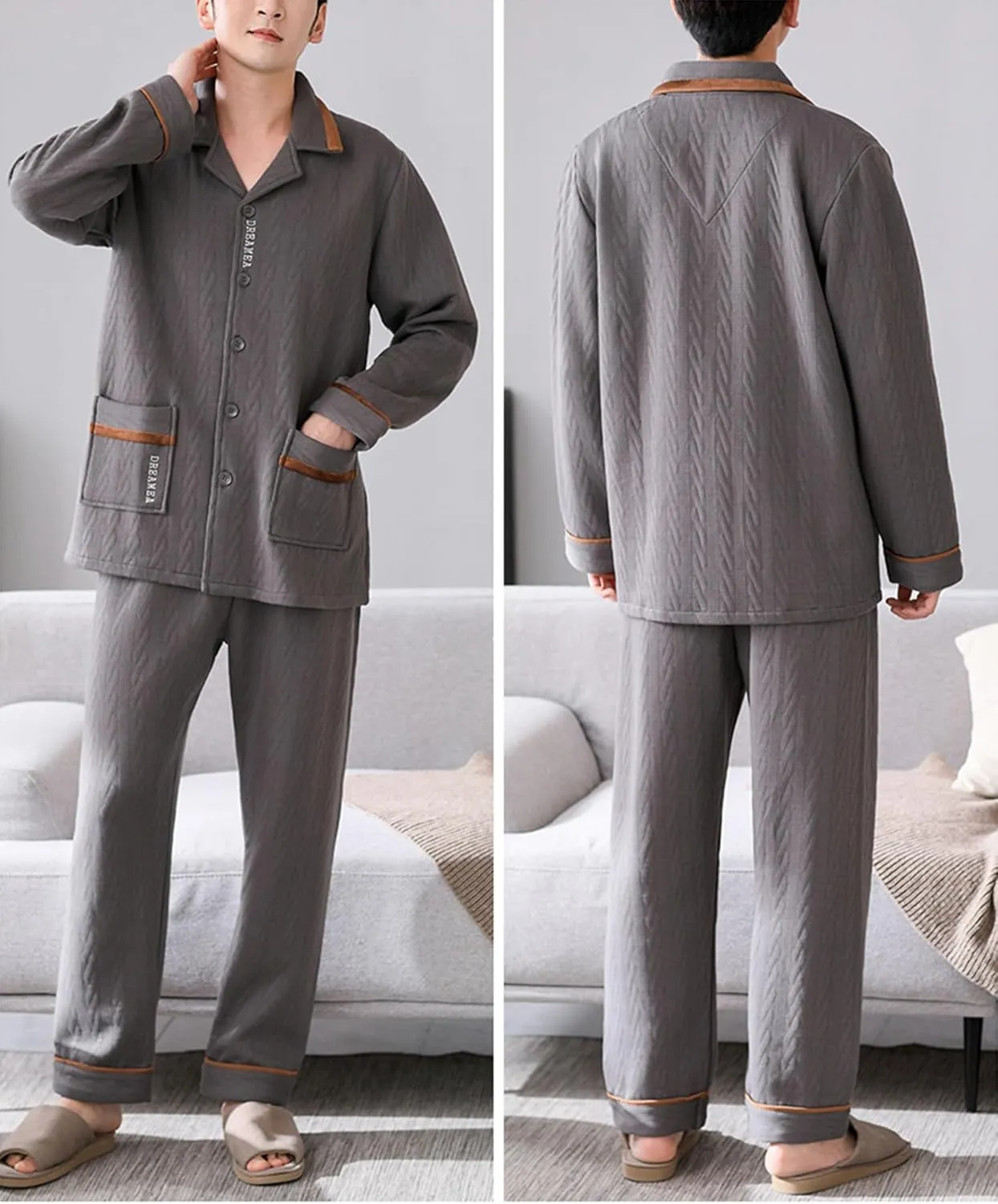Men's Soft Fleece Pajama Lounge Set, Winter 2-Piece Thickened Padded Warm Long Sleeve Shirt and Pants Pjs Set