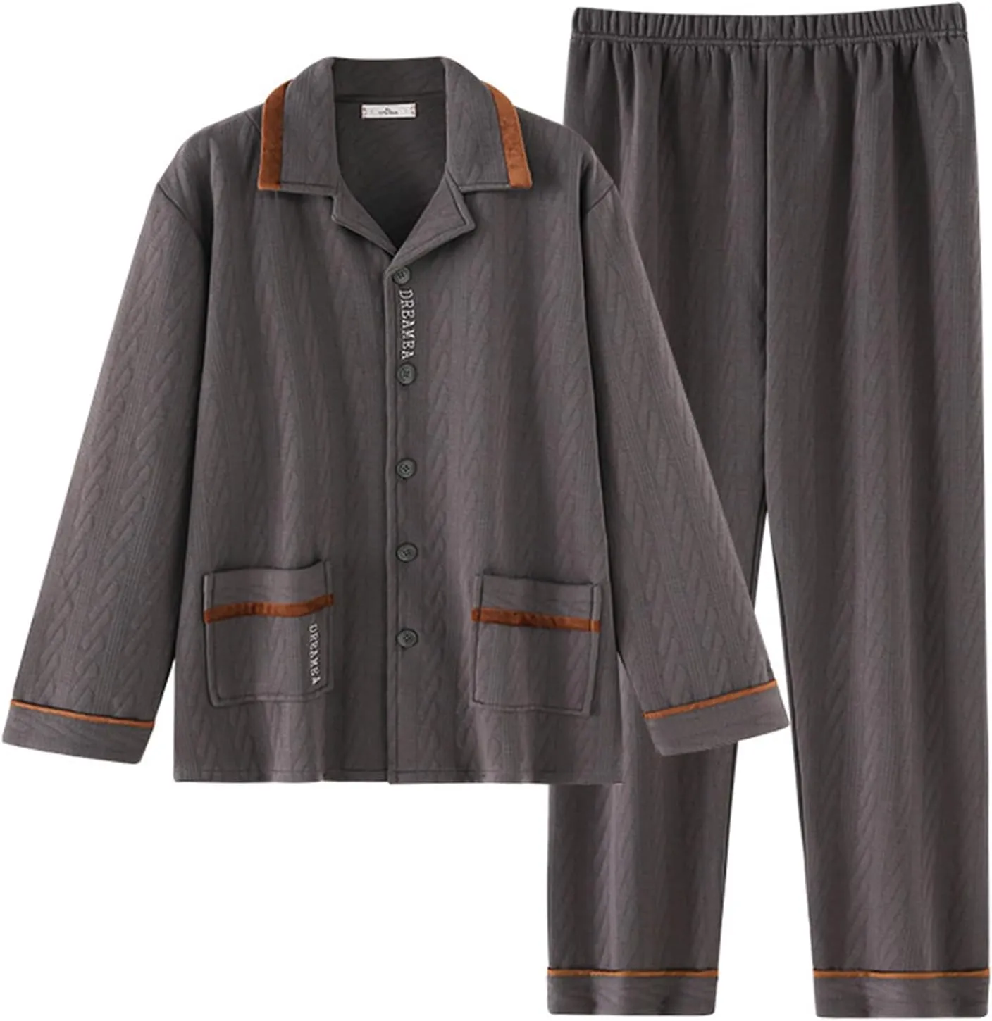 Men's Soft Fleece Pajama Lounge Set, Winter 2-Piece Thickened Padded Warm Long Sleeve Shirt and Pants Pjs Set