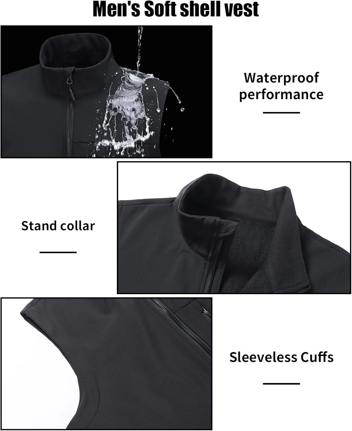 Men's Soft Shell Vest Windproof Outerwear Vest Warm Inner Fleece Vest Waterproof Sleeveless Jacket