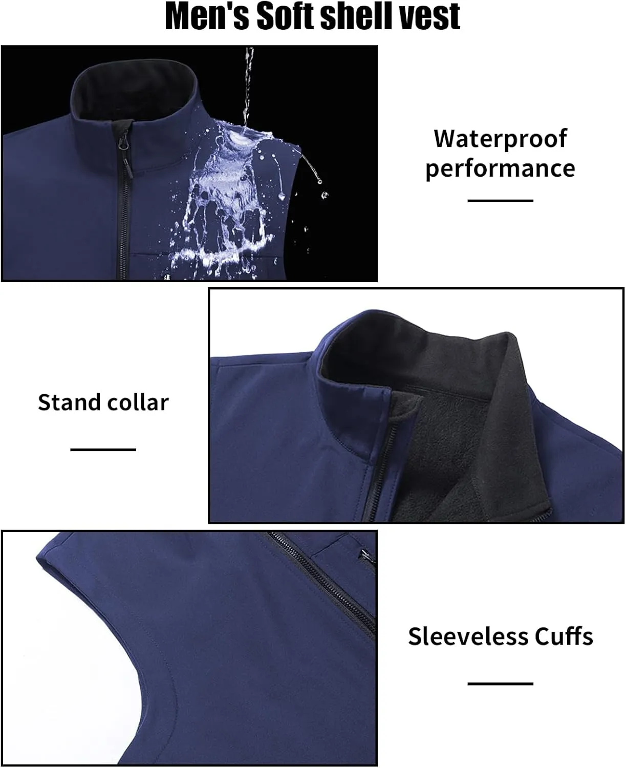 Men's Soft Shell Vest Windproof Outerwear Vest Warm Inner Fleece Vest Waterproof Sleeveless Jacket