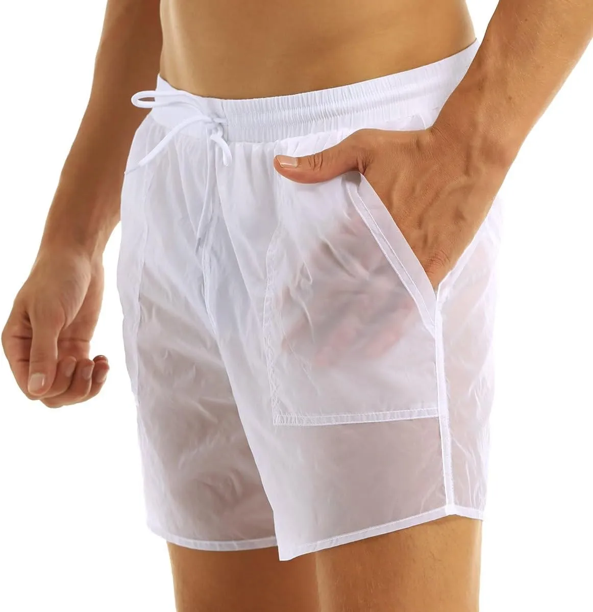 Men's Summer Swim Trunks See-Through Drawstring Quick Dry Surf Boardshorts Bathing Suit Shorts with Mesh Lining