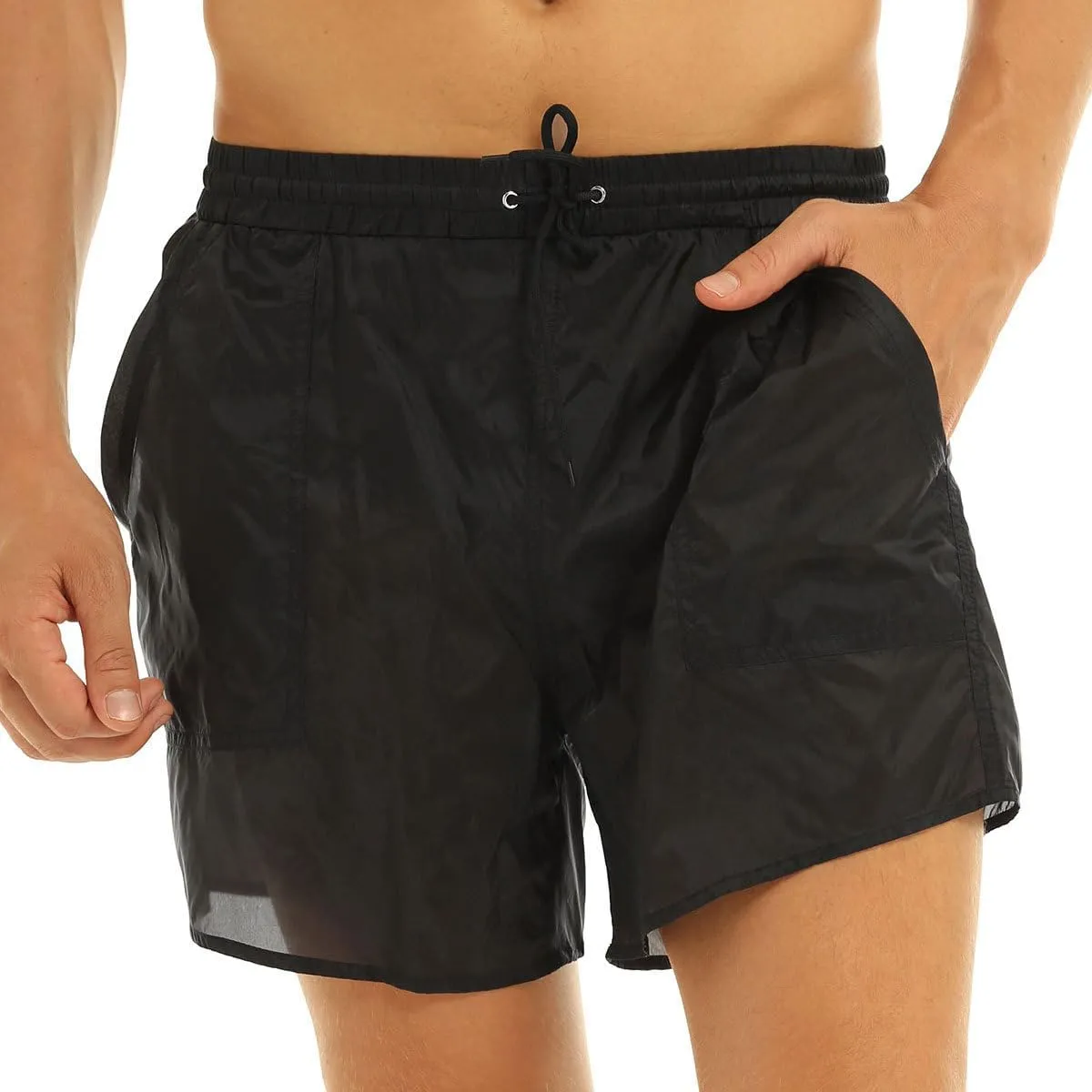 Men's Summer Swim Trunks See-Through Drawstring Quick Dry Surf Boardshorts Bathing Suit Shorts with Mesh Lining