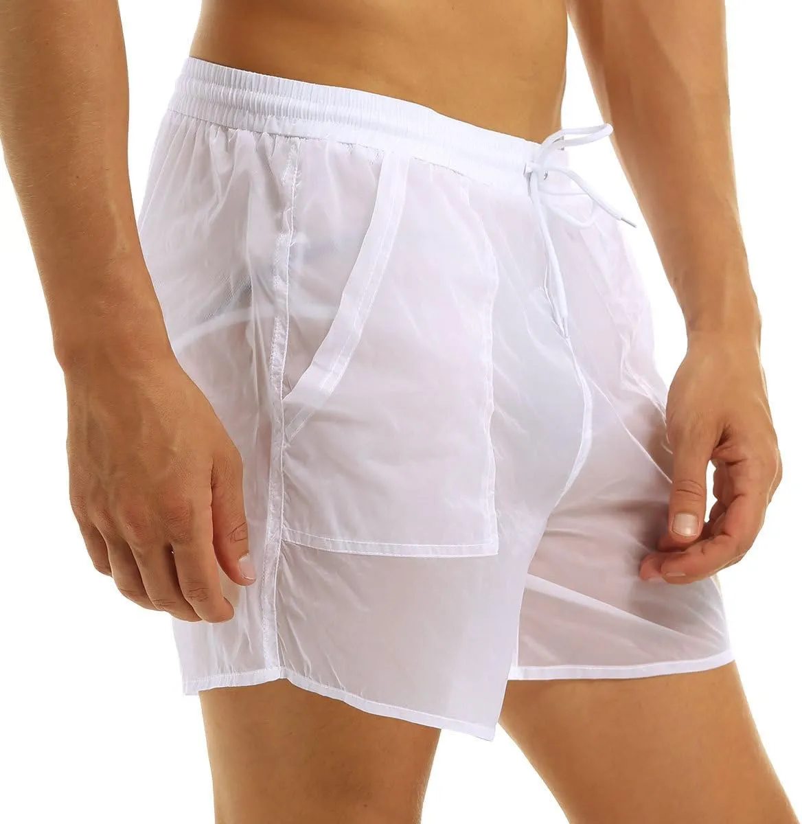 Men's Summer Swim Trunks See-Through Drawstring Quick Dry Surf Boardshorts Bathing Suit Shorts with Mesh Lining