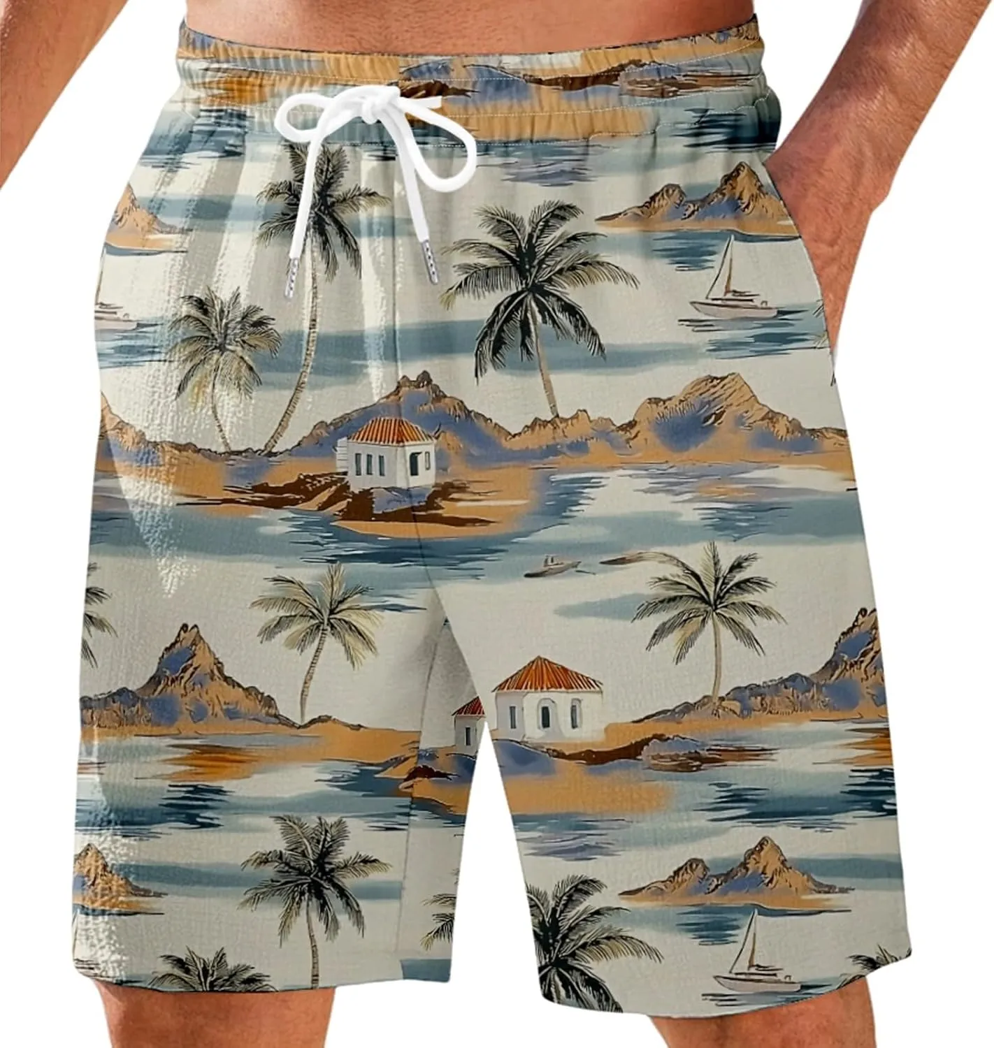 Men's Swim Trunks Quick Dry Shorts Beach Summer Linen Print Elastic Waist Board Outfits Inseam Swimwear Bathing Suit