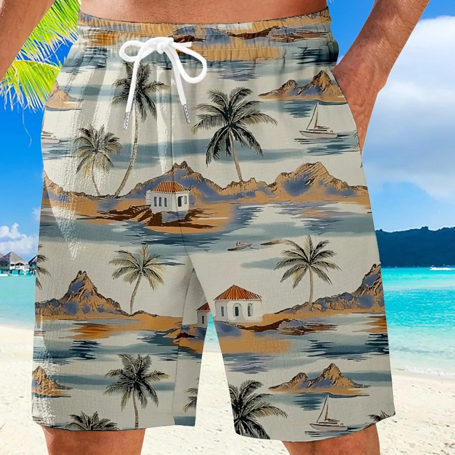 Men's Swim Trunks Quick Dry Shorts Beach Summer Linen Print Elastic Waist Board Outfits Inseam Swimwear Bathing Suit