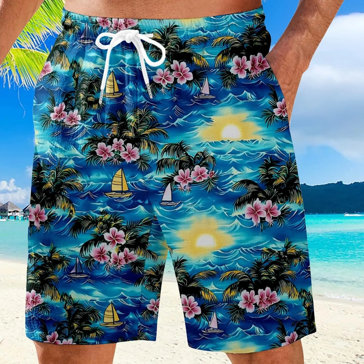 Men's Swim Trunks Quick Dry Shorts Beach Summer Linen Print Elastic Waist Board Outfits Inseam Swimwear Bathing Suit