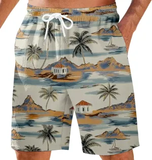Men's Swim Trunks Quick Dry Shorts Beach Summer Linen Print Elastic Waist Board Outfits Inseam Swimwear Bathing Suit