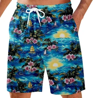 Men's Swim Trunks Quick Dry Shorts Beach Summer Linen Print Elastic Waist Board Outfits Inseam Swimwear Bathing Suit