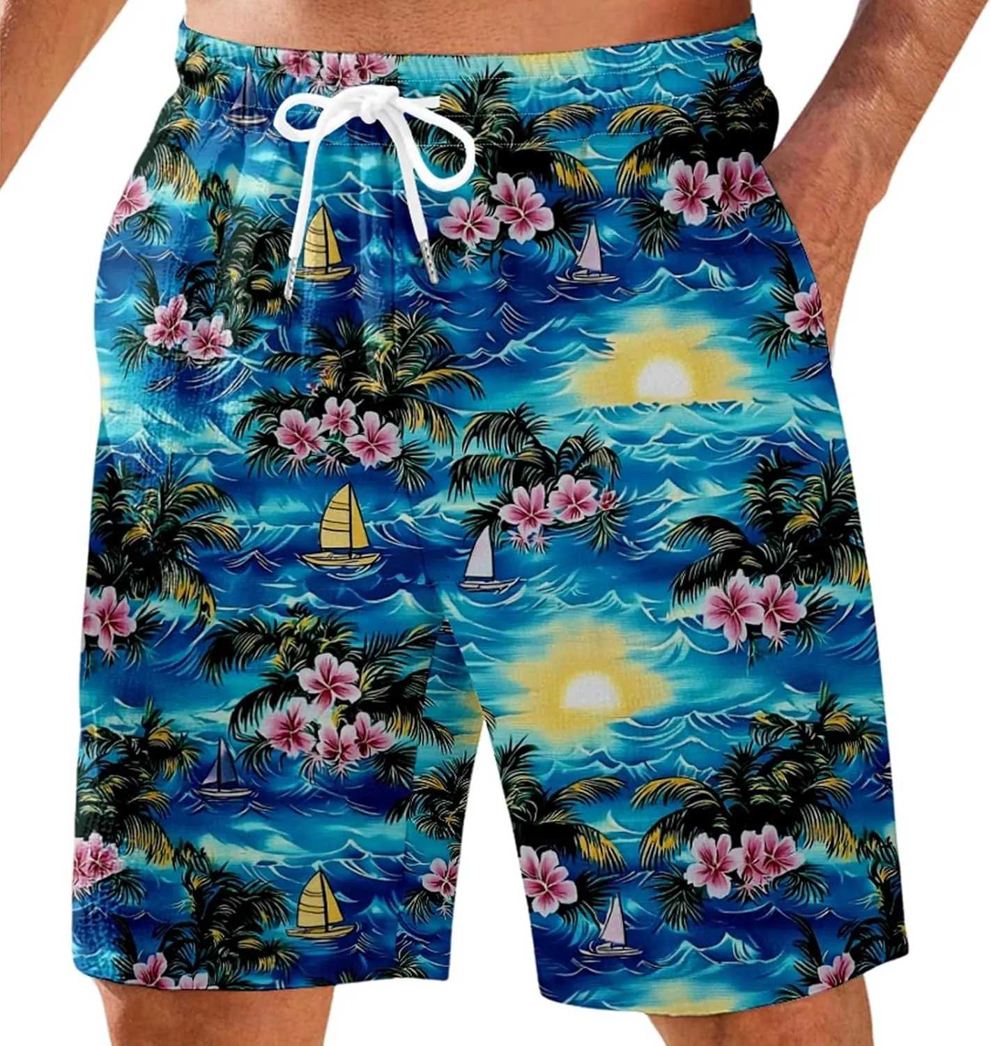 Men's Swim Trunks Quick Dry Shorts Beach Summer Linen Print Elastic Waist Board Outfits Inseam Swimwear Bathing Suit