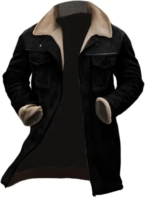 Mens Vintage Suede Jacket Plush Collar Coats Faux Leather Winter Long Jackets Men Zip Up Motorcycle Jacket Coats Retro
