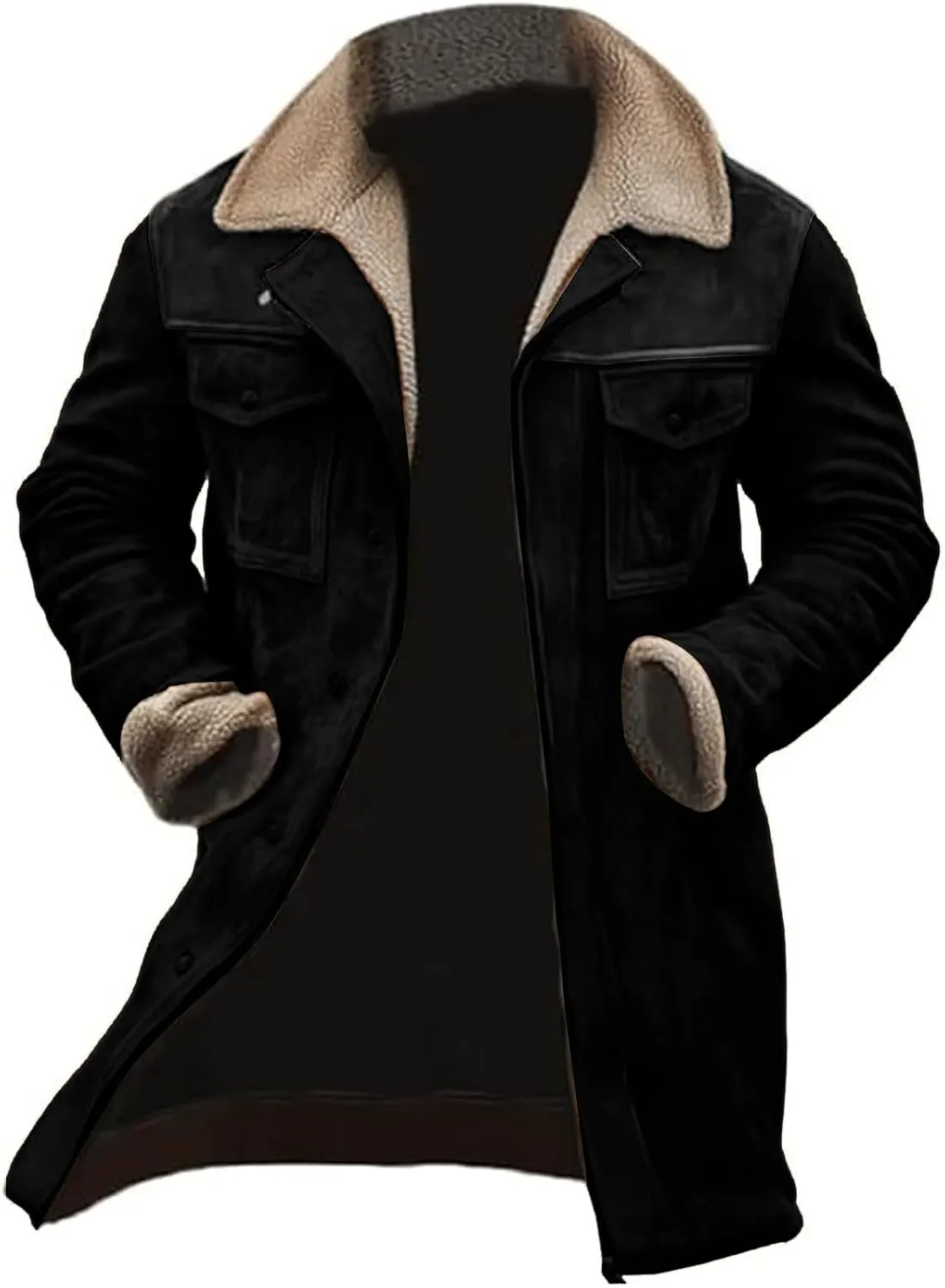 Mens Vintage Suede Jacket Plush Collar Coats Faux Leather Winter Long Jackets Men Zip Up Motorcycle Jacket Coats Retro
