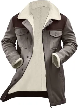 Mens Vintage Suede Jacket Plush Collar Coats Faux Leather Winter Long Jackets Men Zip Up Motorcycle Jacket Coats Retro