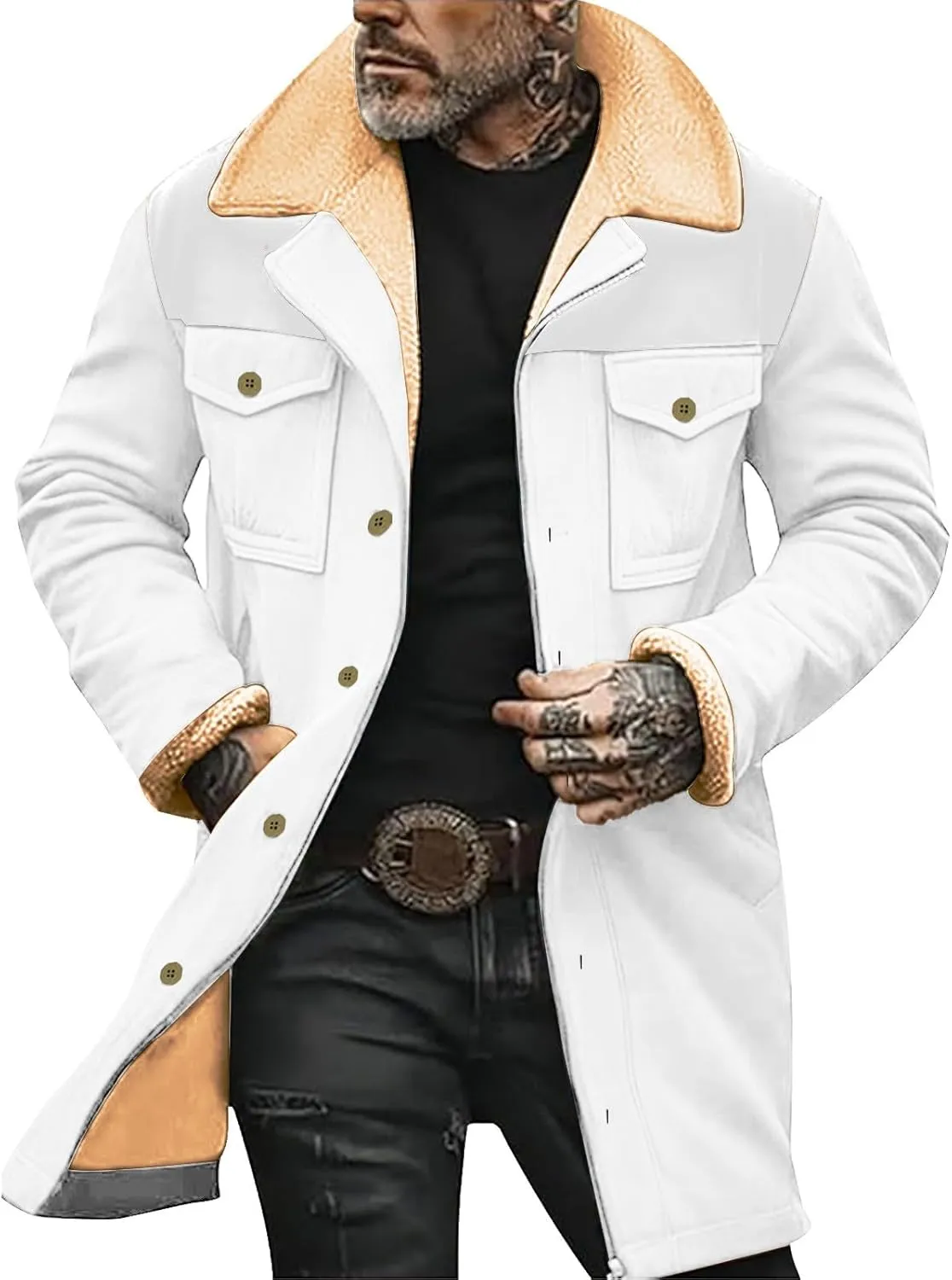 Mens Vintage Suede Jacket Plush Collar Coats Faux Leather Winter Long Jackets Men Zip Up Motorcycle Jacket Coats Retro