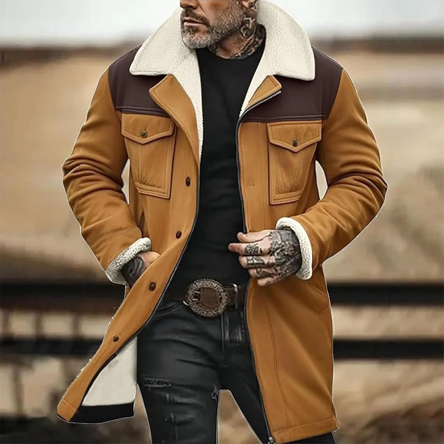 Mens Vintage Suede Jacket Plush Collar Coats Faux Leather Winter Long Jackets Men Zip Up Motorcycle Jacket Coats Retro
