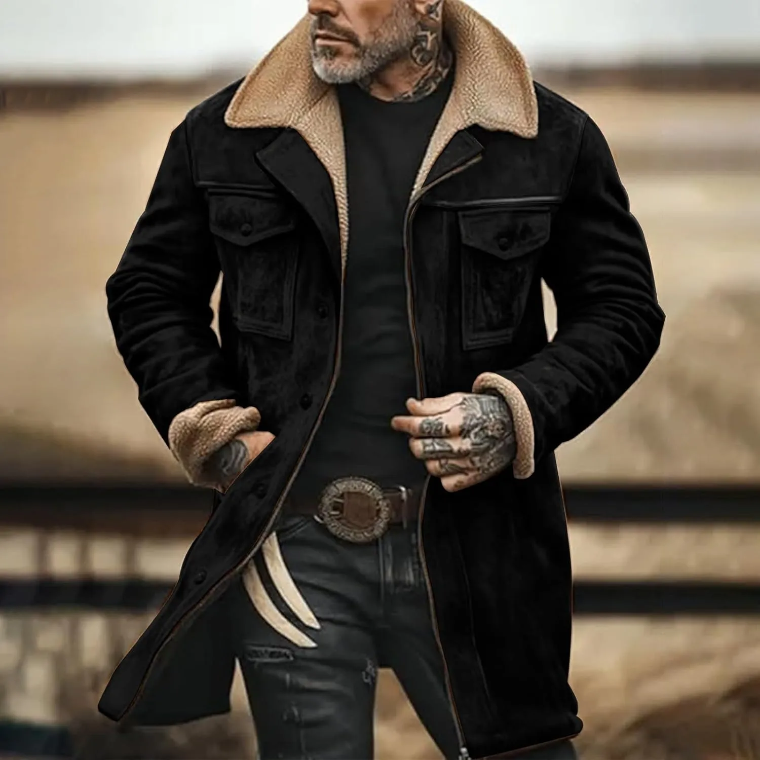 Mens Vintage Suede Jacket Plush Collar Coats Faux Leather Winter Long Jackets Men Zip Up Motorcycle Jacket Coats Retro