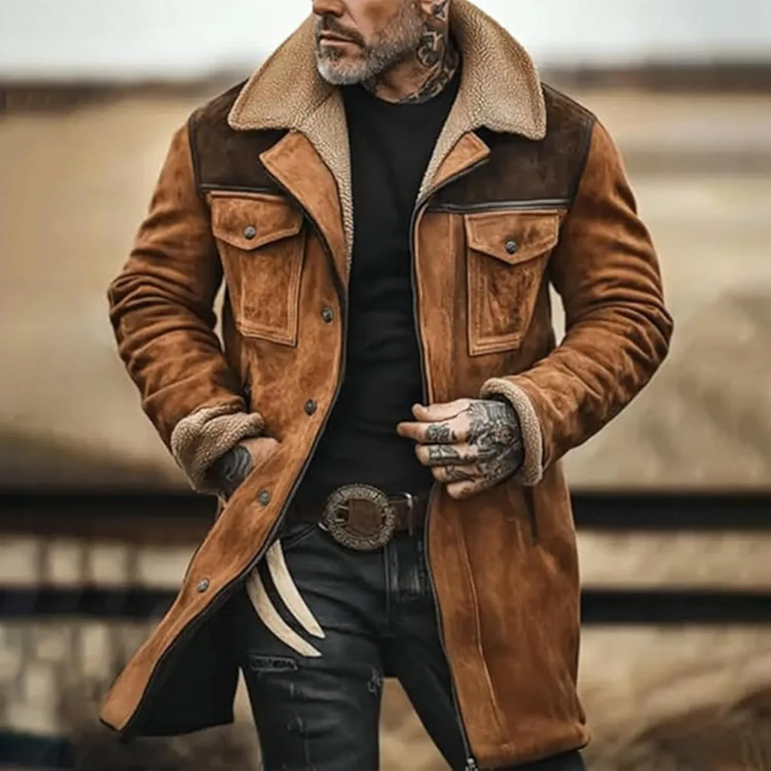 Mens Vintage Suede Jacket Plush Collar Coats Faux Leather Winter Long Jackets Men Zip Up Motorcycle Jacket Coats Retro