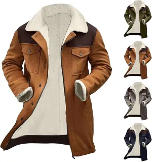 Mens Vintage Suede Jacket Plush Collar Coats Faux Leather Winter Long Jackets Men Zip Up Motorcycle Jacket Coats Retro
