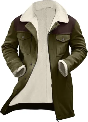 Mens Vintage Suede Jacket Plush Collar Coats Faux Leather Winter Long Jackets Men Zip Up Motorcycle Jacket Coats Retro