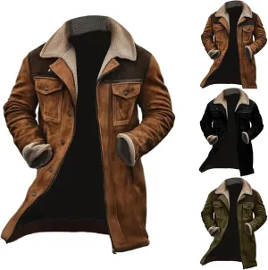 Mens Vintage Suede Jacket Plush Collar Coats Faux Leather Winter Long Jackets Men Zip Up Motorcycle Jacket Coats Retro