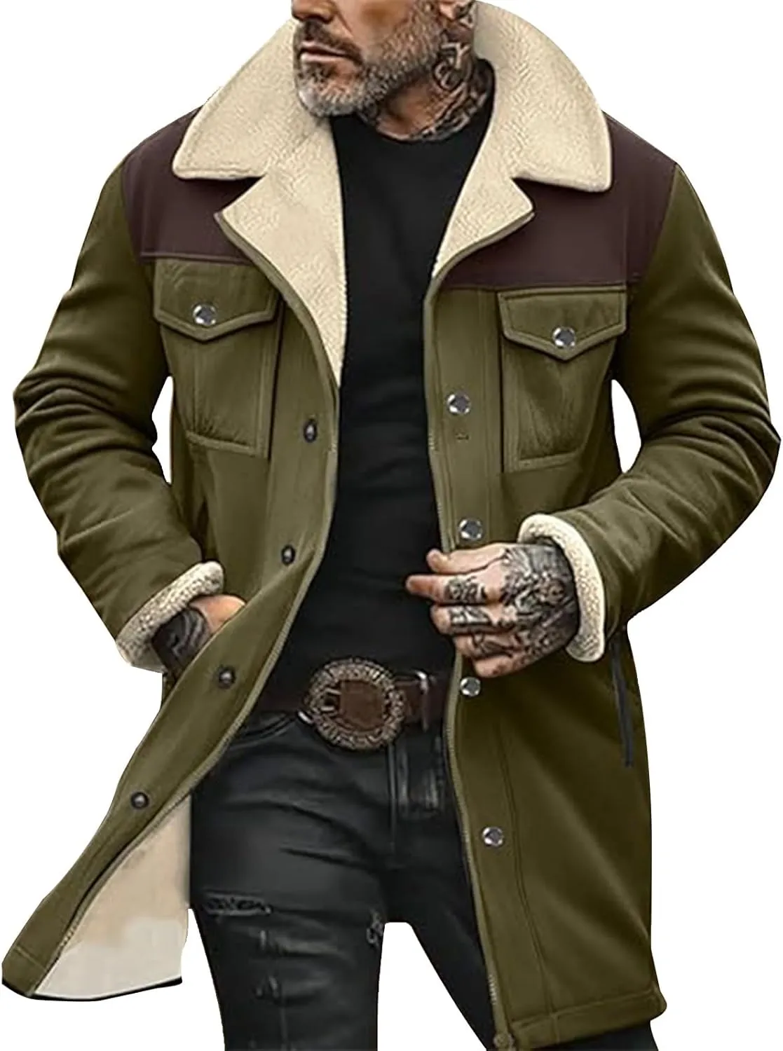 Mens Vintage Suede Jacket Plush Collar Coats Faux Leather Winter Long Jackets Men Zip Up Motorcycle Jacket Coats Retro