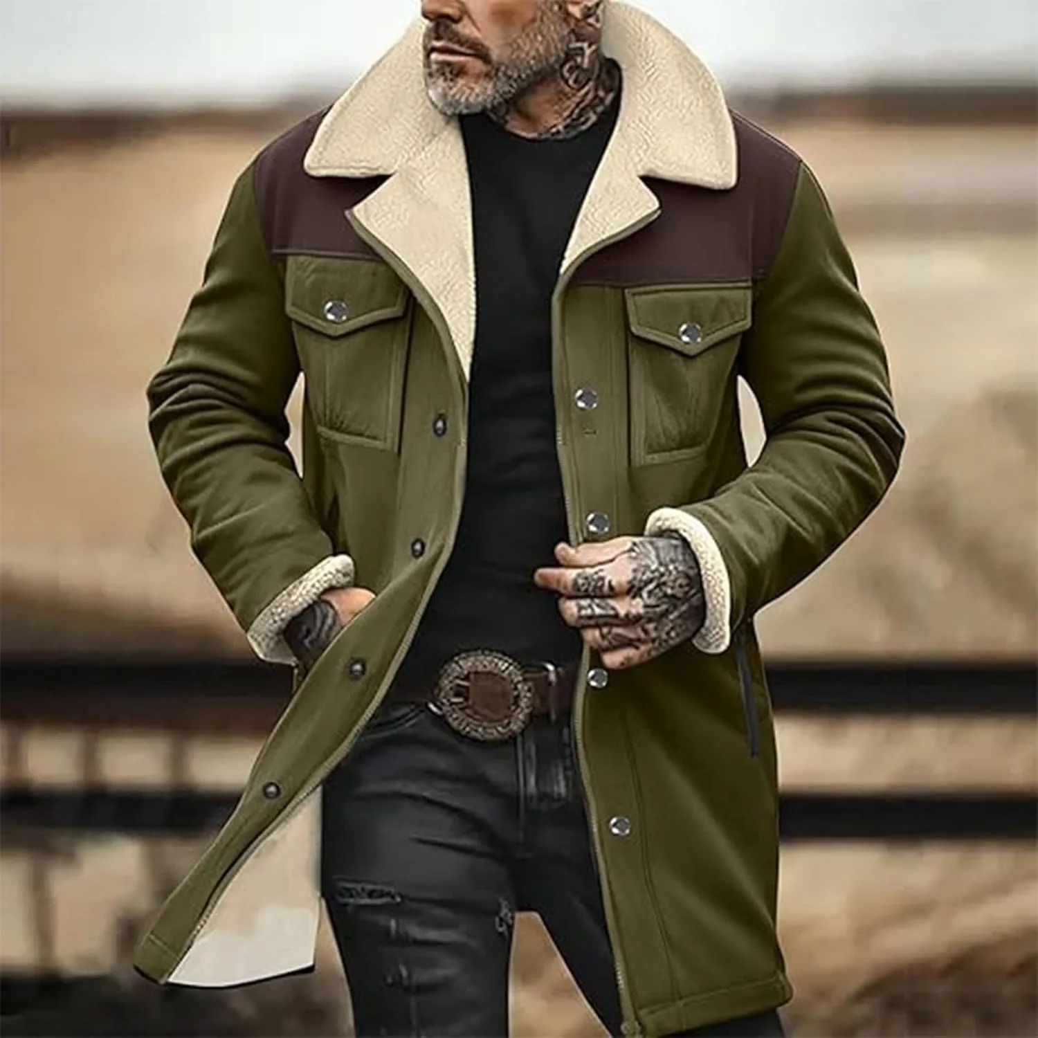 Mens Vintage Suede Jacket Plush Collar Coats Faux Leather Winter Long Jackets Men Zip Up Motorcycle Jacket Coats Retro