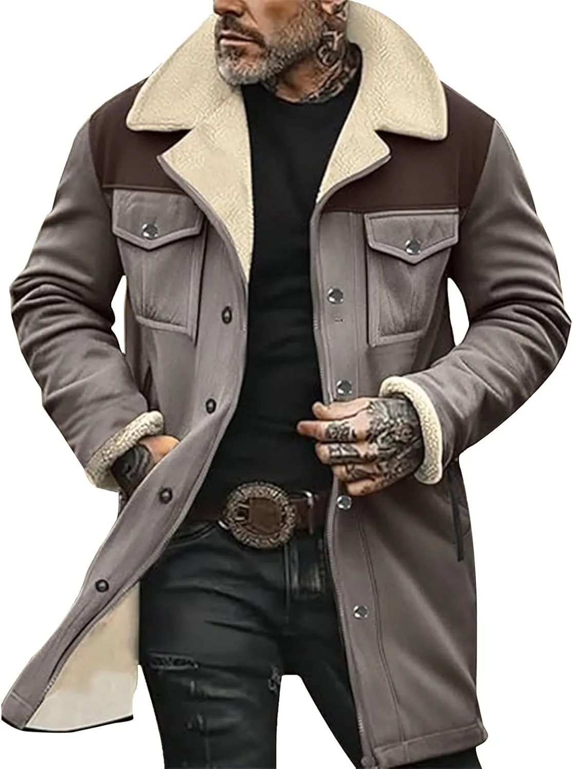 Mens Vintage Suede Jacket Plush Collar Coats Faux Leather Winter Long Jackets Men Zip Up Motorcycle Jacket Coats Retro