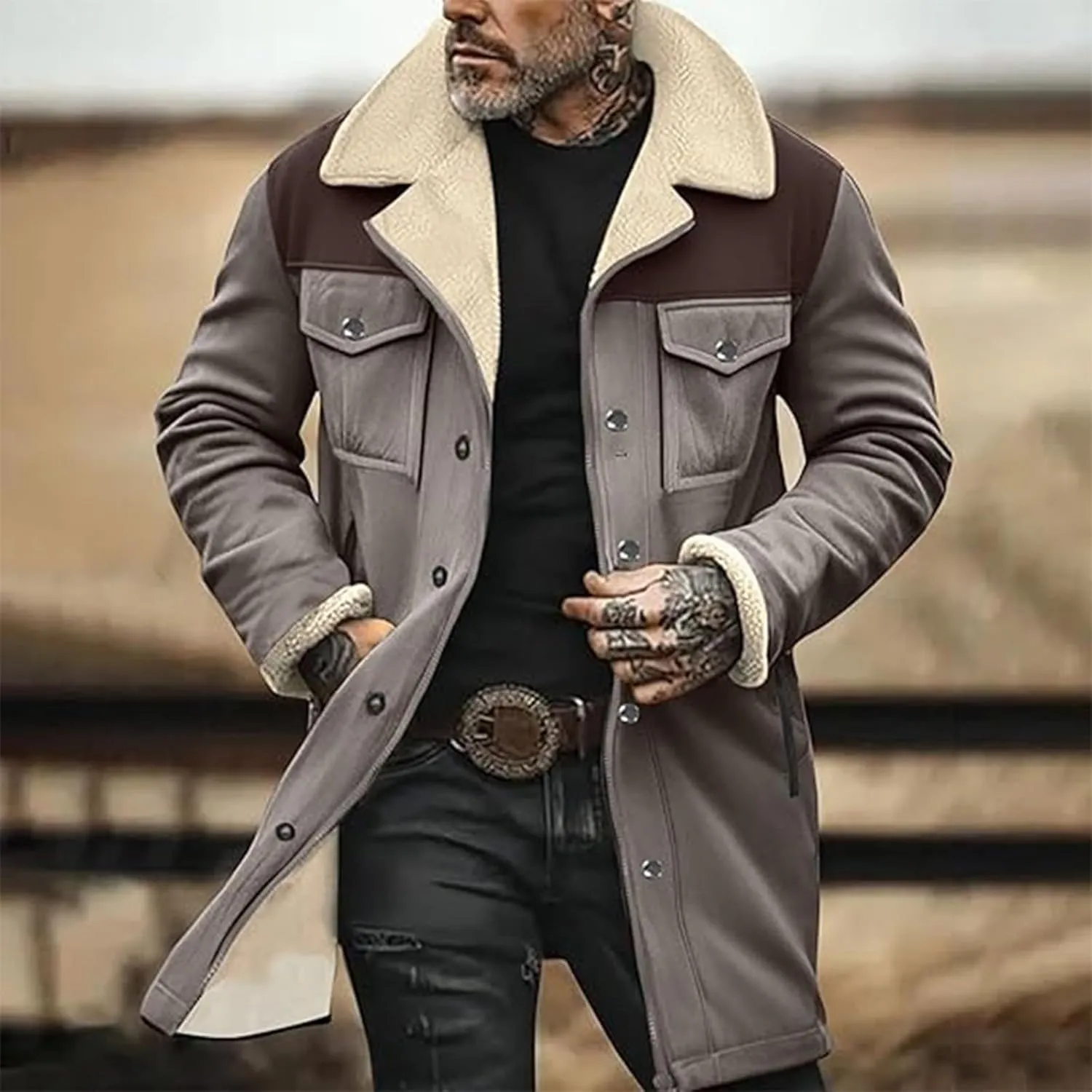 Mens Vintage Suede Jacket Plush Collar Coats Faux Leather Winter Long Jackets Men Zip Up Motorcycle Jacket Coats Retro