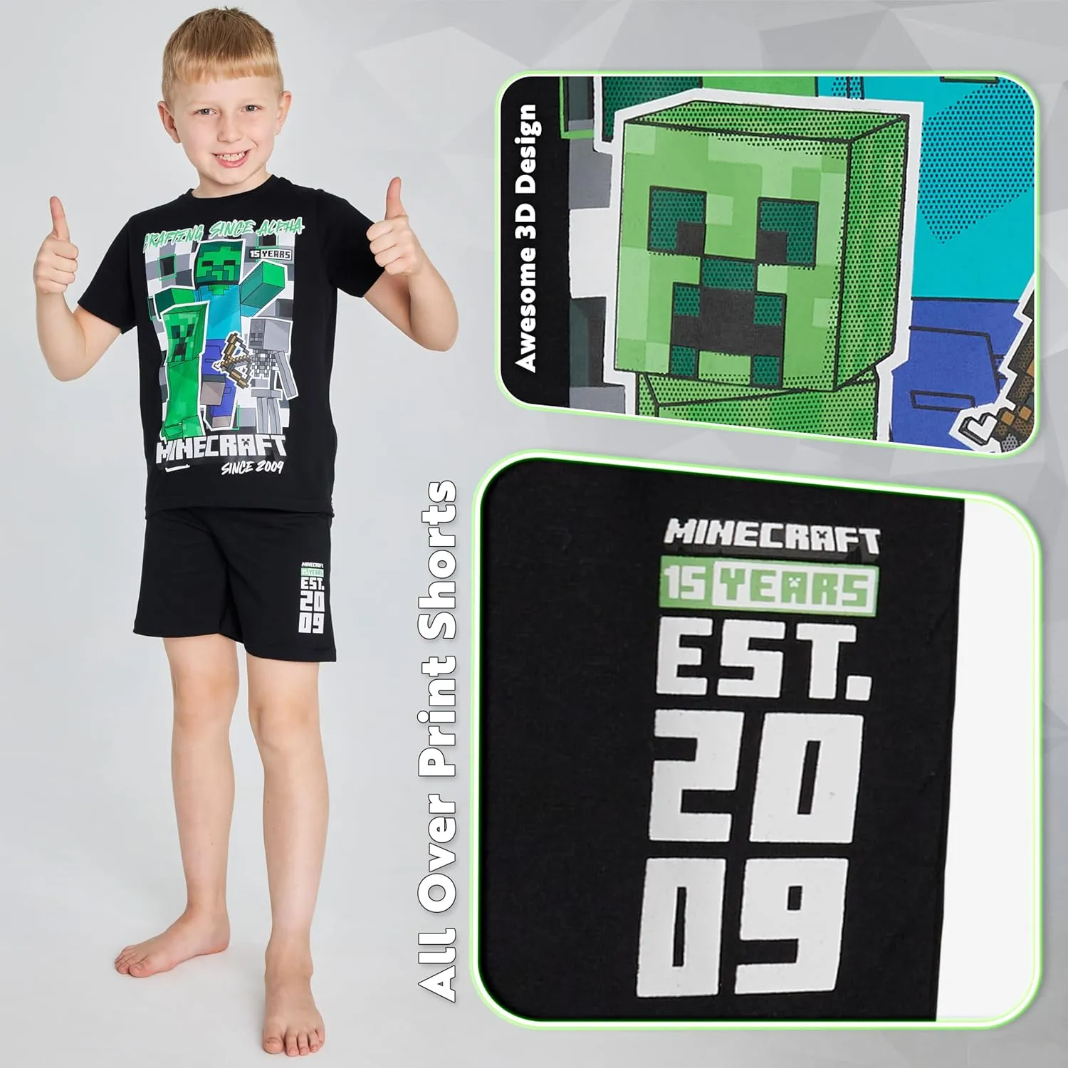 Minecraft Boys Short Pajamas Set, Soft Breathable 2 Piece Lounge Wear Set - Boys Gifts