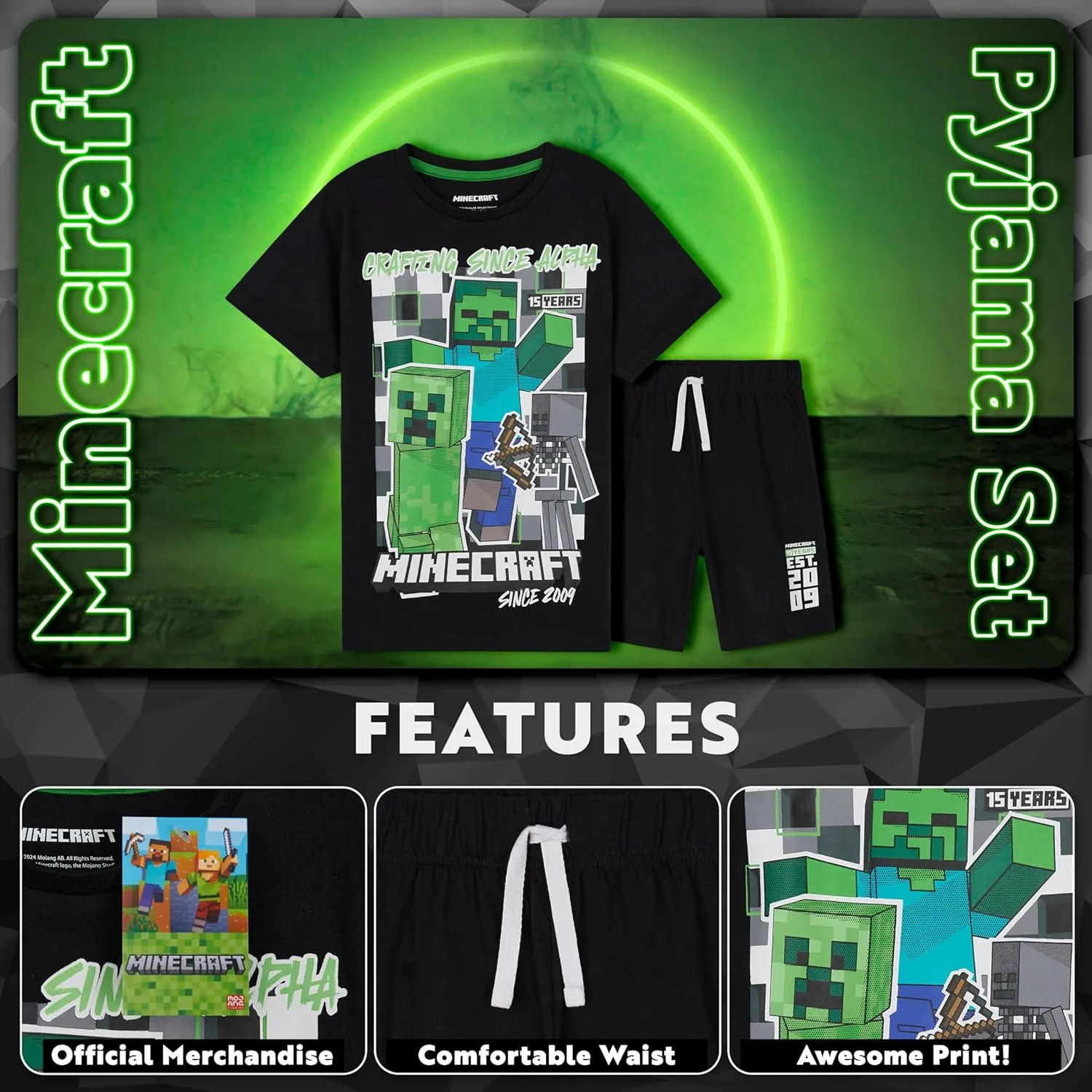 Minecraft Boys Short Pajamas Set, Soft Breathable 2 Piece Lounge Wear Set - Boys Gifts
