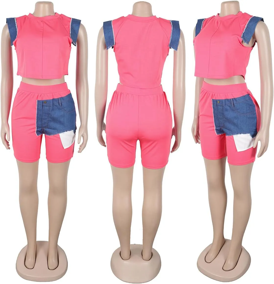 Molisry Women's Patchwork Denim Shorts Set Crop Top High Waisted Skinny Shorts 2 Piece Lounge Sets 2025