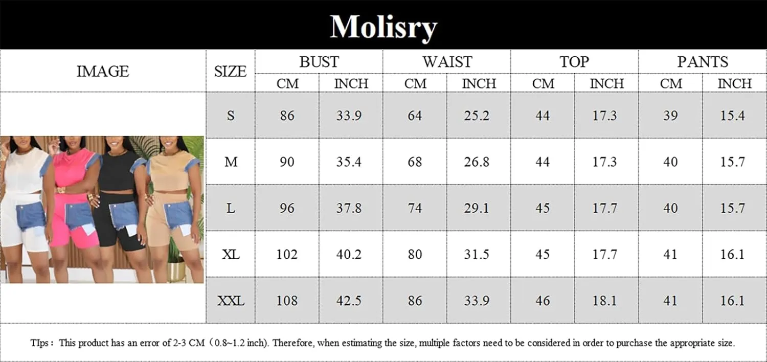 Molisry Women's Patchwork Denim Shorts Set Crop Top High Waisted Skinny Shorts 2 Piece Lounge Sets 2025