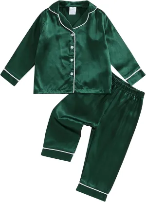 Multitrust Baby Girls Boys Silk Pajamas Set Solid Long Sleeve Button Down Shirts Tops and Pants Infant Satin Pj Lounge Sets