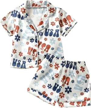 Multitrust Baby Girls Silk Pajamas Set Daisy Floral Girl Short Sleeve Button Down Shirts and Shorts Matching Pj Lounge Set