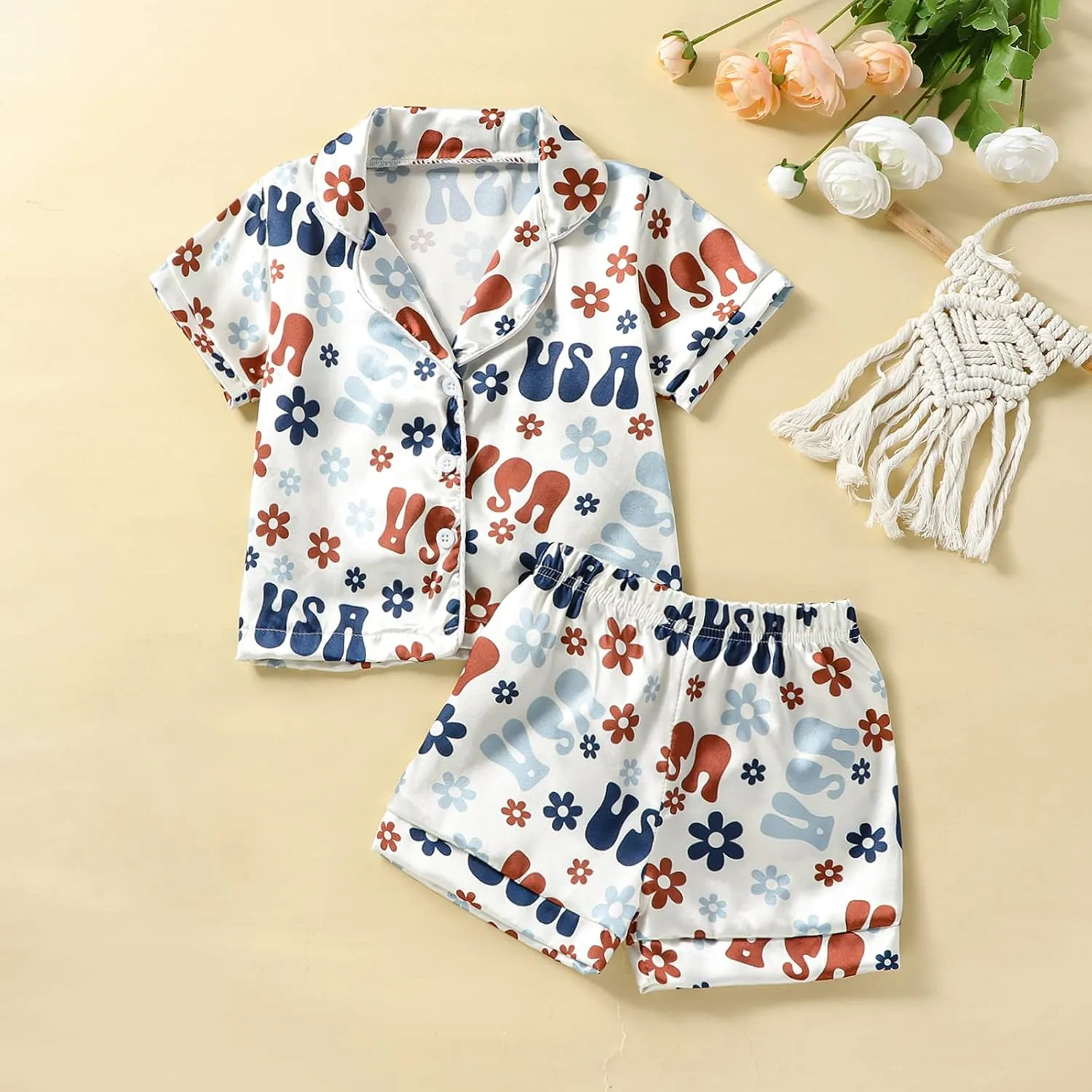 Multitrust Baby Girls Silk Pajamas Set Daisy Floral Girl Short Sleeve Button Down Shirts and Shorts Matching Pj Lounge Set