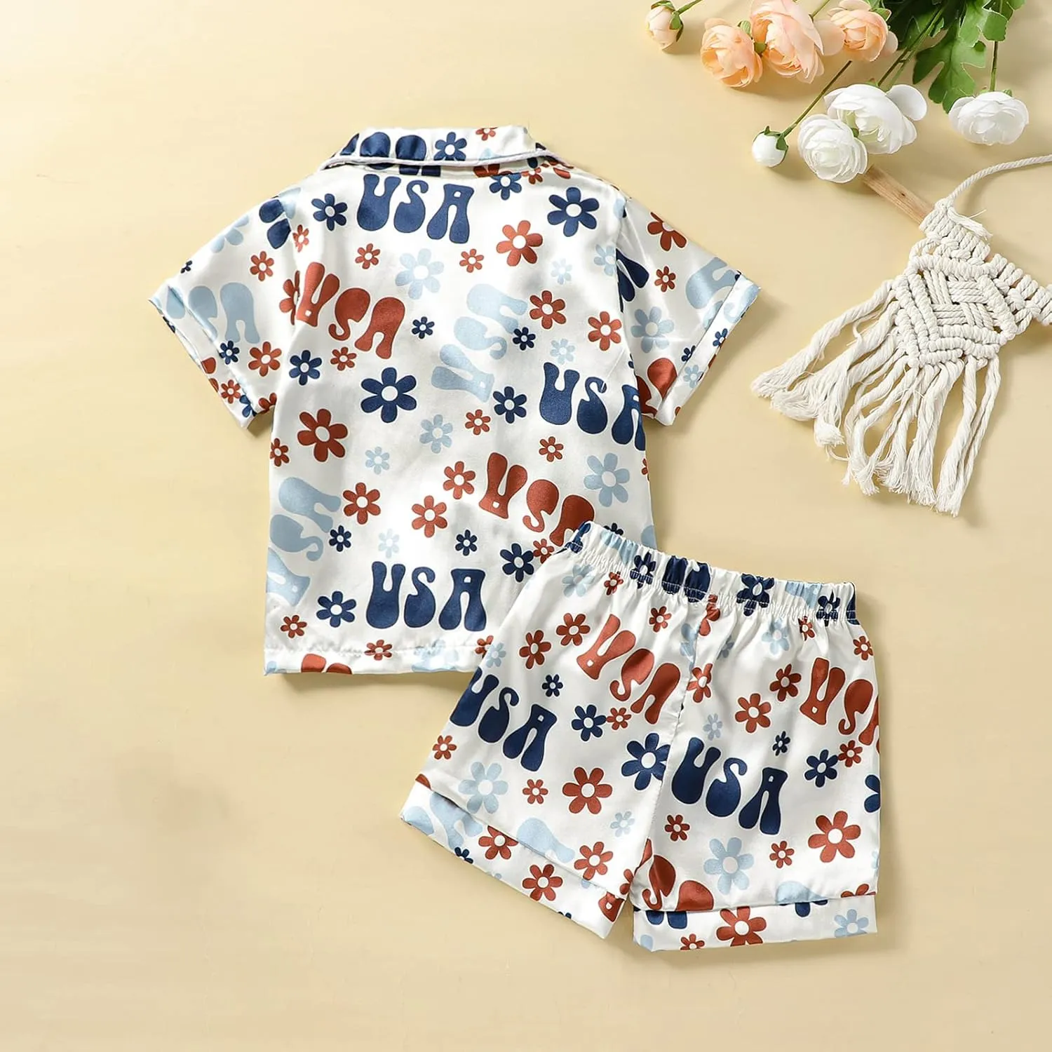Multitrust Baby Girls Silk Pajamas Set Daisy Floral Girl Short Sleeve Button Down Shirts and Shorts Matching Pj Lounge Set