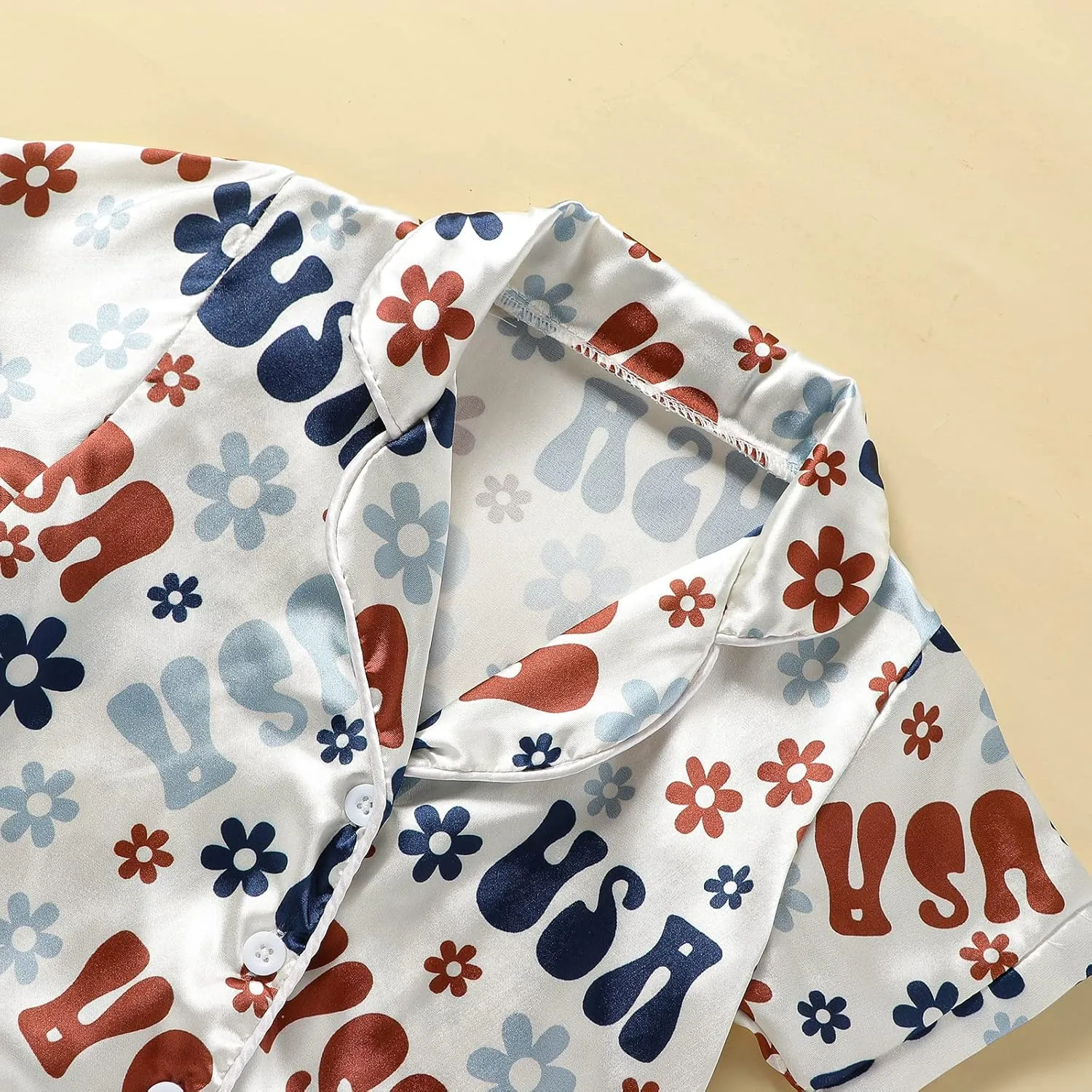 Multitrust Baby Girls Silk Pajamas Set Daisy Floral Girl Short Sleeve Button Down Shirts and Shorts Matching Pj Lounge Set