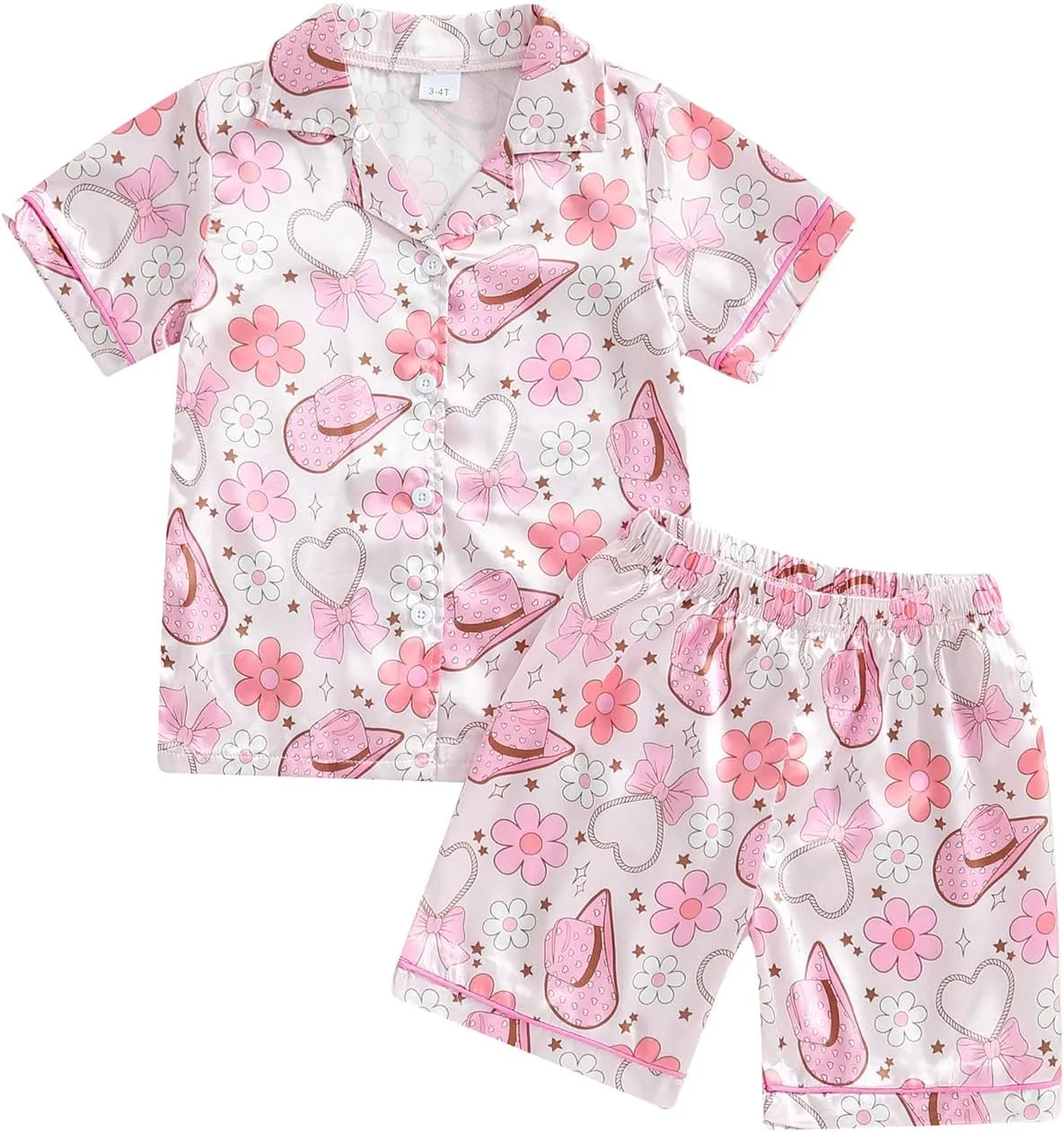 Multitrust Western Baby Girl Silk Pajamas Set Cowgirl Boot Button Up Short Sleeve Shirts Tops Shorts Satin Pj Sets Sleepwear