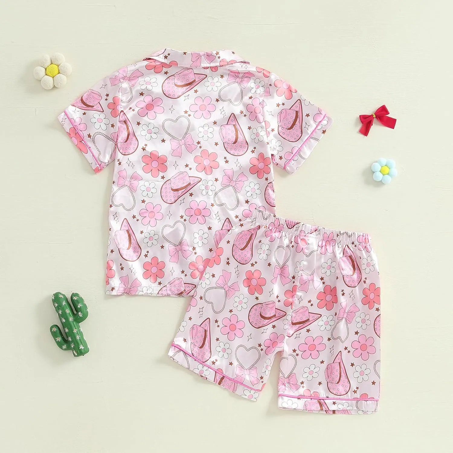 Multitrust Western Baby Girl Silk Pajamas Set Cowgirl Boot Button Up Short Sleeve Shirts Tops Shorts Satin Pj Sets Sleepwear