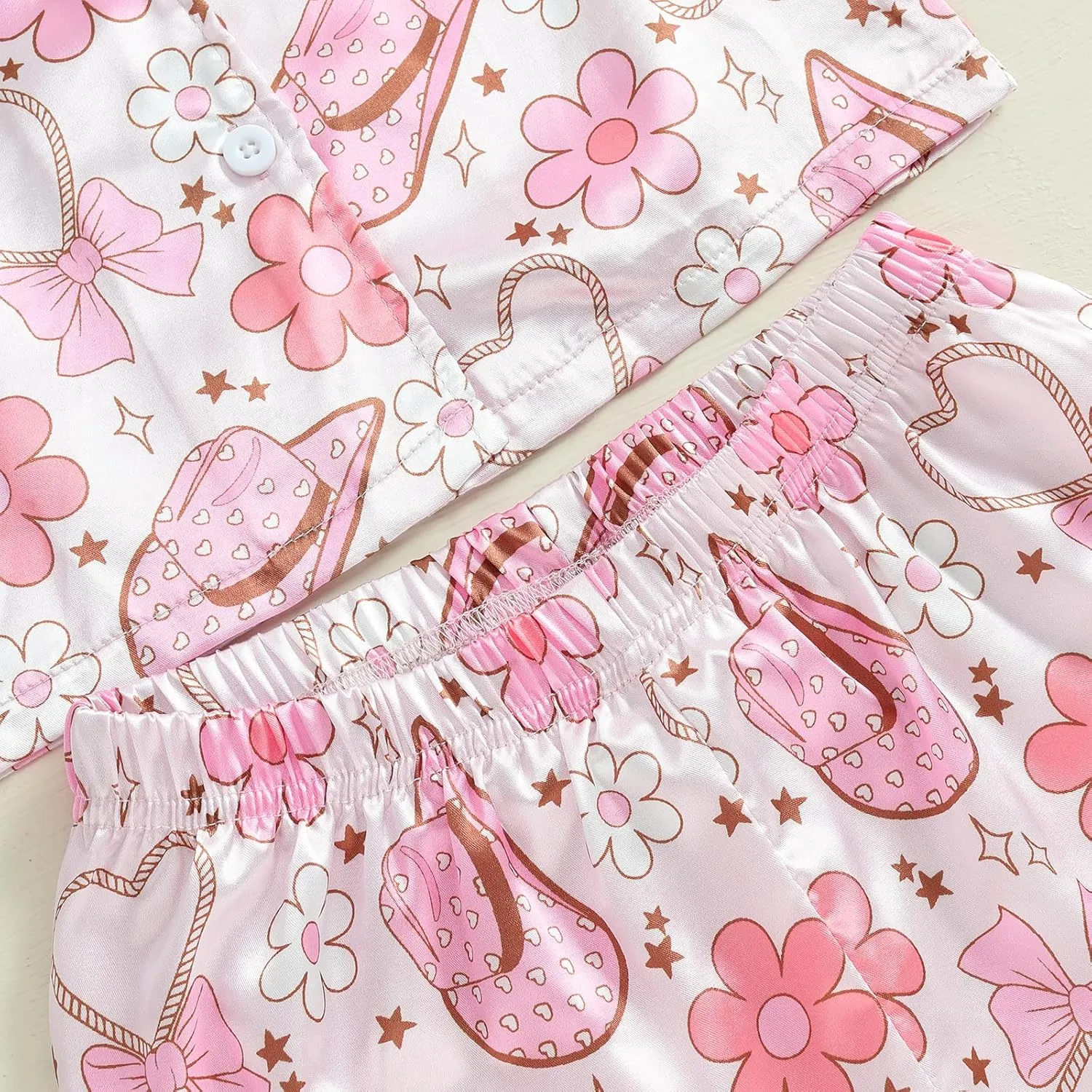 Multitrust Western Baby Girl Silk Pajamas Set Cowgirl Boot Button Up Short Sleeve Shirts Tops Shorts Satin Pj Sets Sleepwear