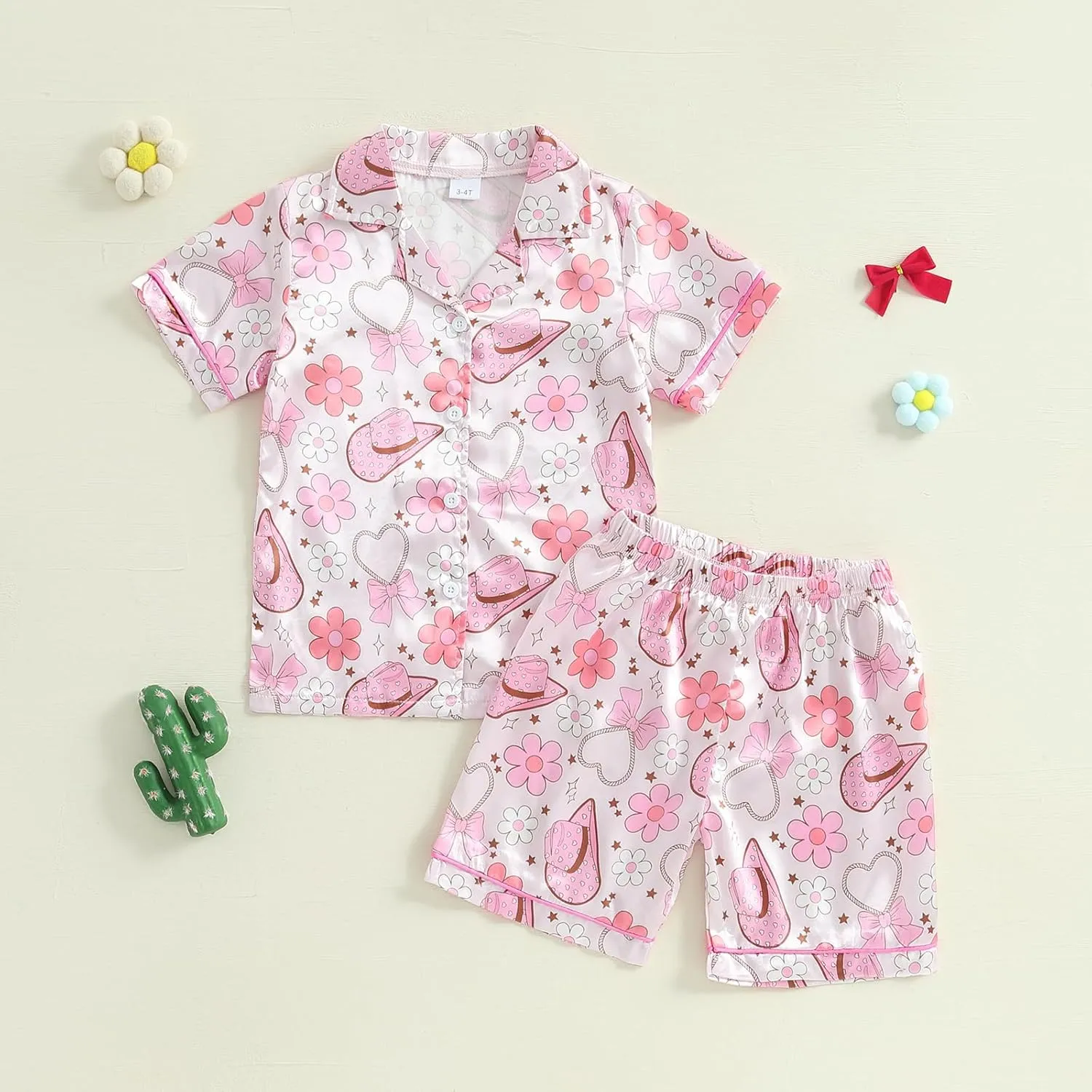 Multitrust Western Baby Girl Silk Pajamas Set Cowgirl Boot Button Up Short Sleeve Shirts Tops Shorts Satin Pj Sets Sleepwear