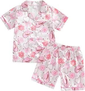 Multitrust Western Baby Girl Silk Pajamas Set Cowgirl Boot Button Up Short Sleeve Shirts Tops Shorts Satin Pj Sets Sleepwear