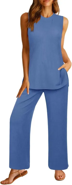 Newshows Womens Summer 2 Piece Outfits Ribbed Knit Tank Tops Wide Leg Pants Lounge Set Matching Tracksuit 2024 Spring Fashion