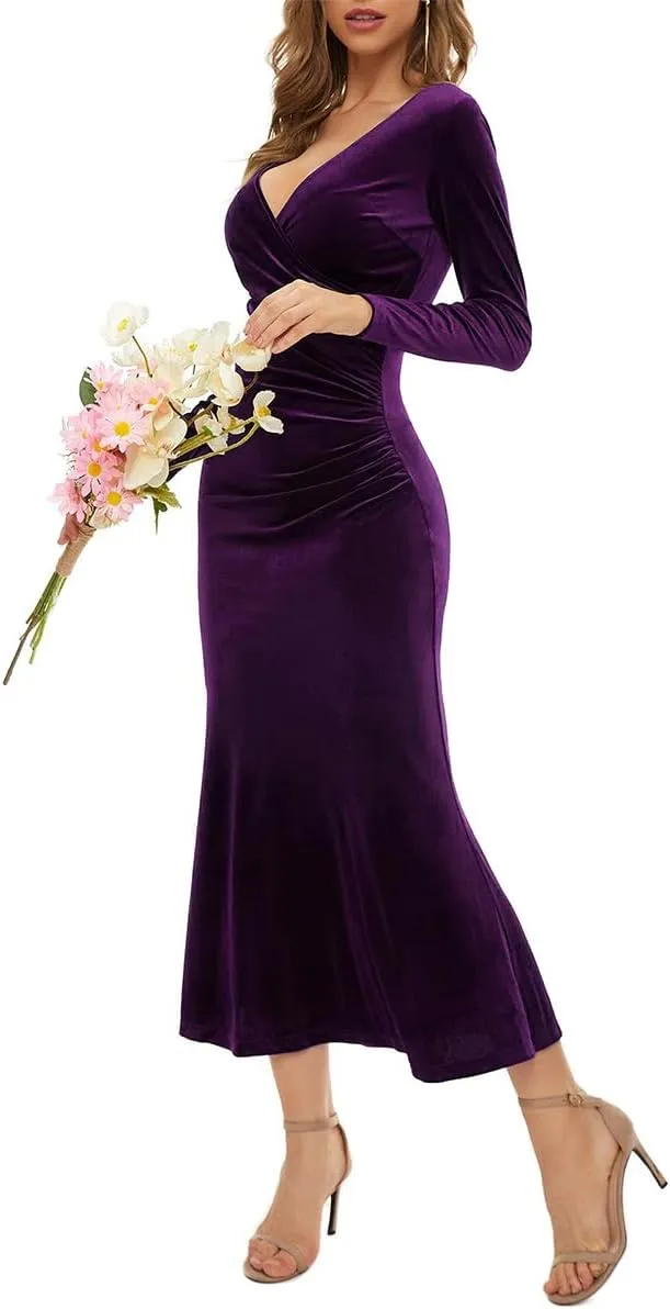 OBEEII Womens Velvet Dress Long Sleeve V Neck Ruched Bodycon Wrap Dress Evening Party Wedding Guest Formal Long Dresses