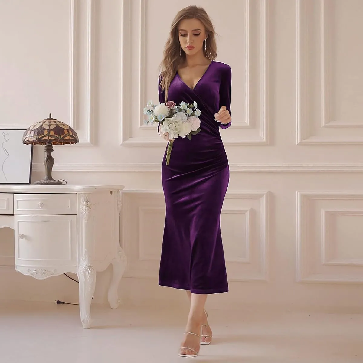 OBEEII Womens Velvet Dress Long Sleeve V Neck Ruched Bodycon Wrap Dress Evening Party Wedding Guest Formal Long Dresses