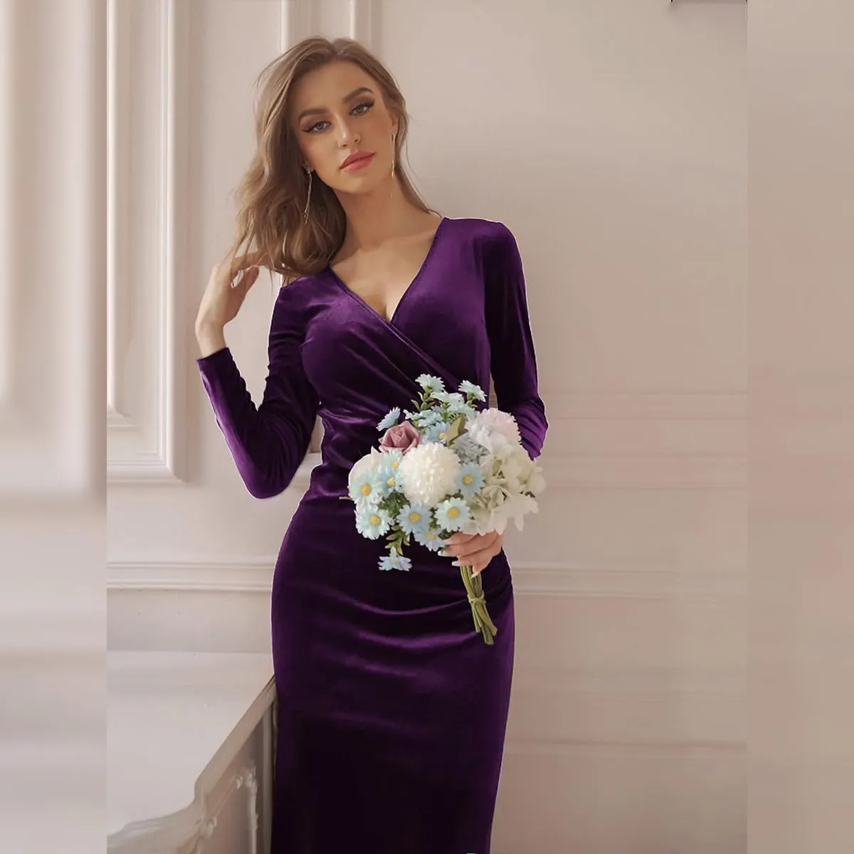OBEEII Womens Velvet Dress Long Sleeve V Neck Ruched Bodycon Wrap Dress Evening Party Wedding Guest Formal Long Dresses