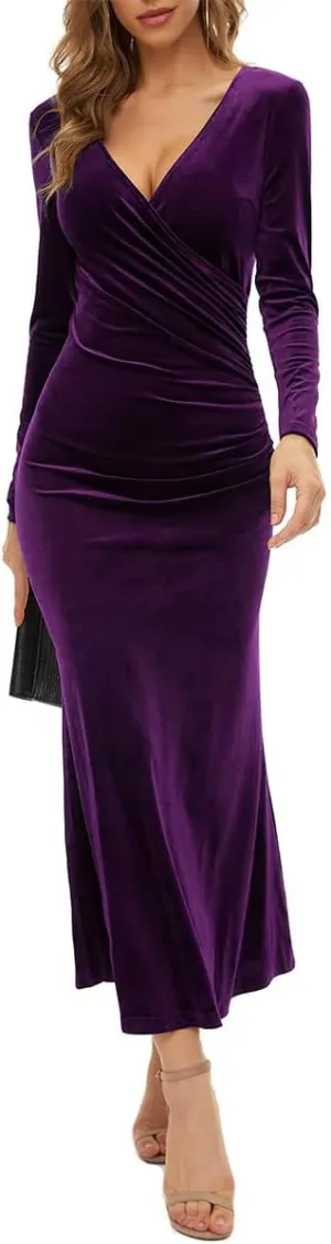 OBEEII Womens Velvet Dress Long Sleeve V Neck Ruched Bodycon Wrap Dress Evening Party Wedding Guest Formal Long Dresses